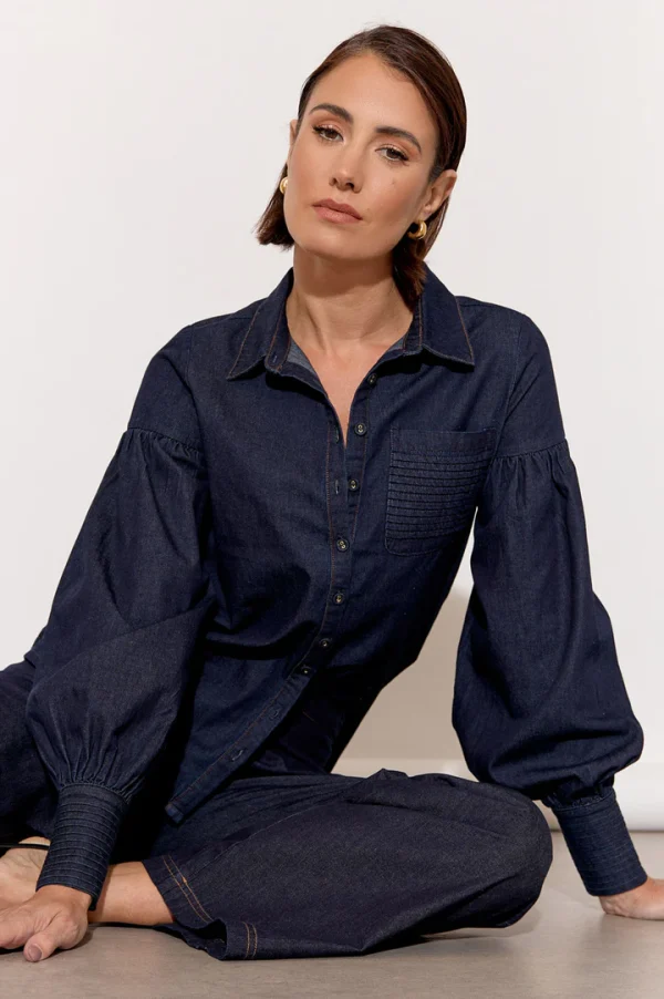 Adorne Ebony Pintuck Detail Denim Shirt - Denim - Image 3
