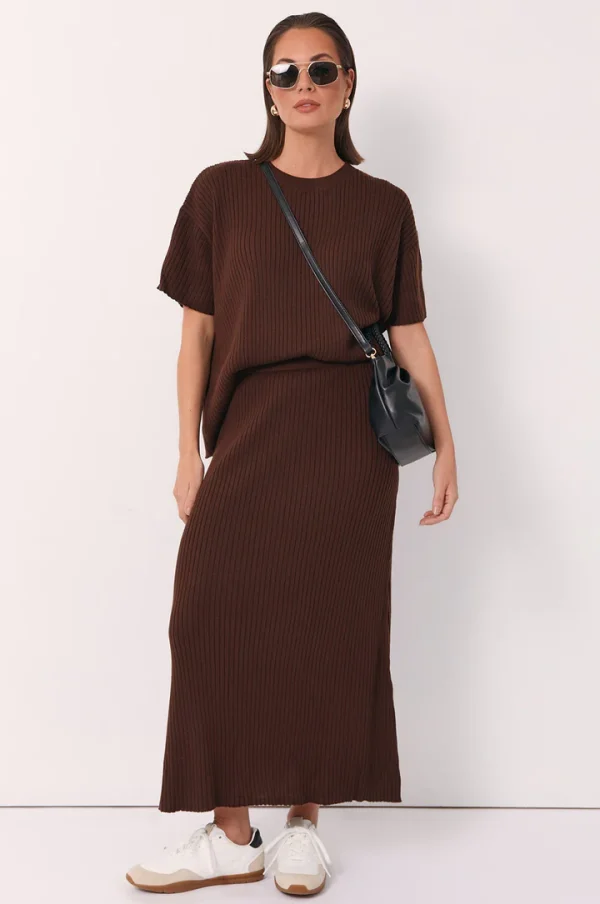 Adorne Taylor Rib Knit Midi Skirt - Chocolate