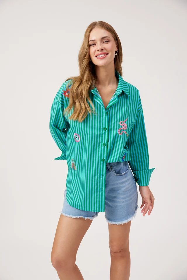 Haven Mykonos Embroidered Stripe Shirt - Green
