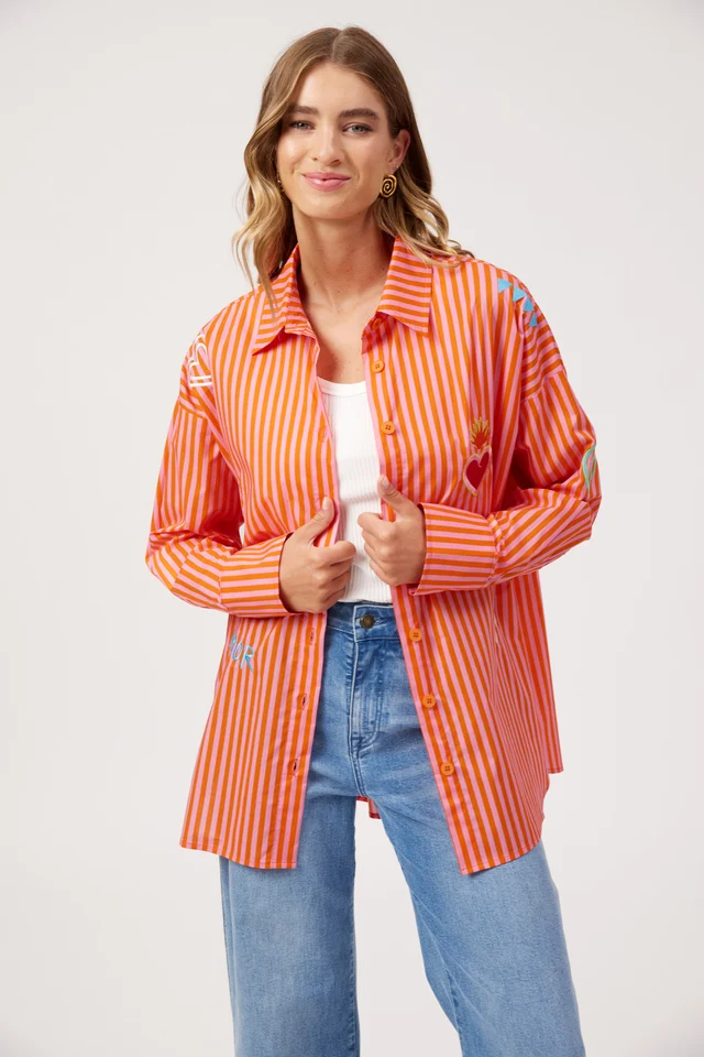 Haven Mykonos Embroidered Stripe Shirt - Pink