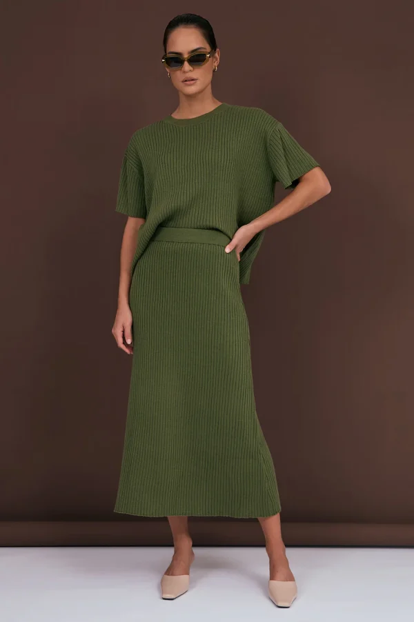 Taylor Rib Knit Midi Skirt - Khaki